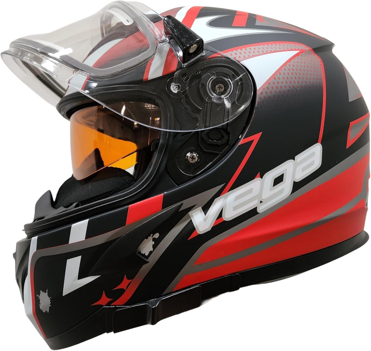 Vega V-Star Snowmobile Helmet with Electric Heated Shield & Amber dropdown shield, Red Evoluition, Small