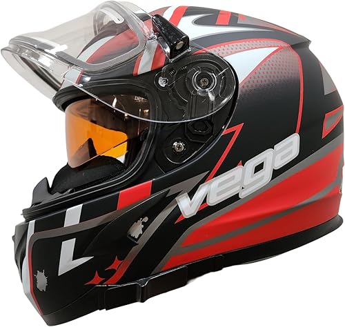 Casco para moto de nieve VEGA V-Star con escudo eléctrico térmico y protector ámbar desplegable, Rojo Evolución, X-Pequeño