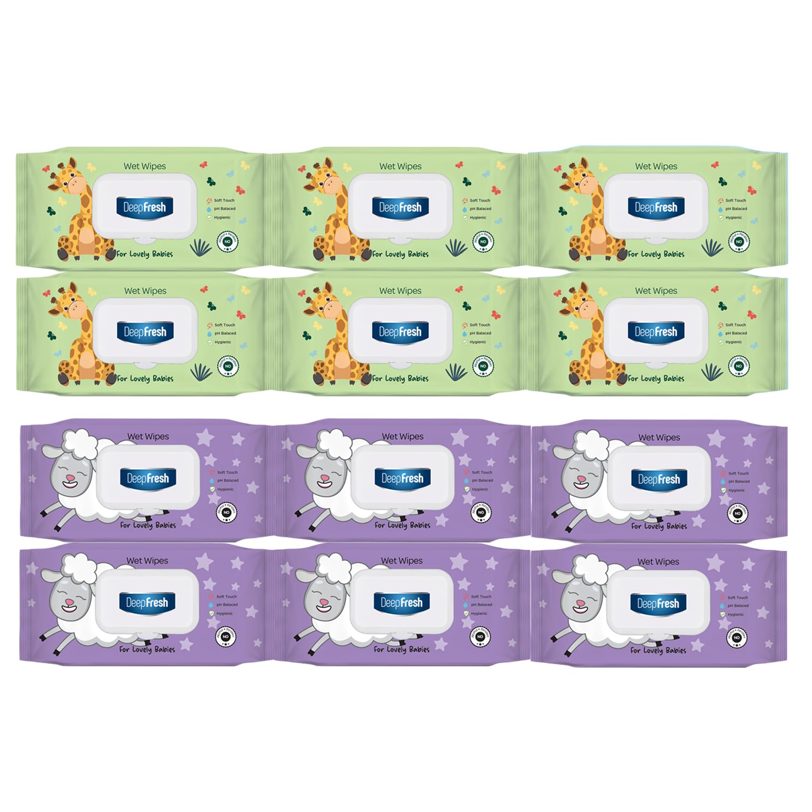 Deep Fresh Lovely Baby Wet Wipes, Assorted Animal Designs (Panda, Lion, Giraffe, Lamb), 24 Packs, 72 Wipes Each