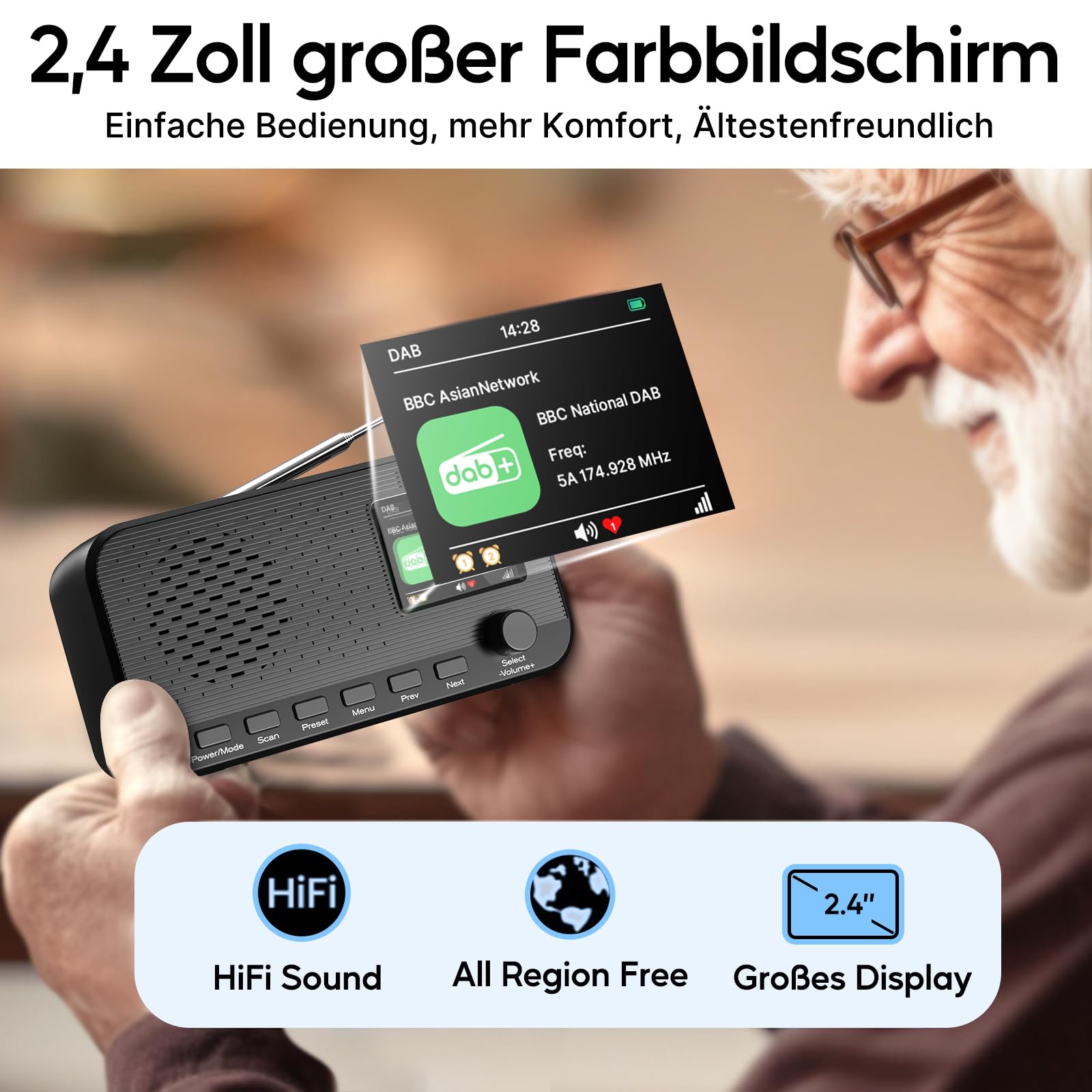 DAB Radio mit Bluetooth, wiederaufladbares UKW-Digitalradio, Radios batteriebetrieben, tragbares DAB+ Radio, Küchenradio mit 80 Voreinstellungen, 2,4-Zoll-Farbdisplay, Dual-Wecker, Sleeptimer