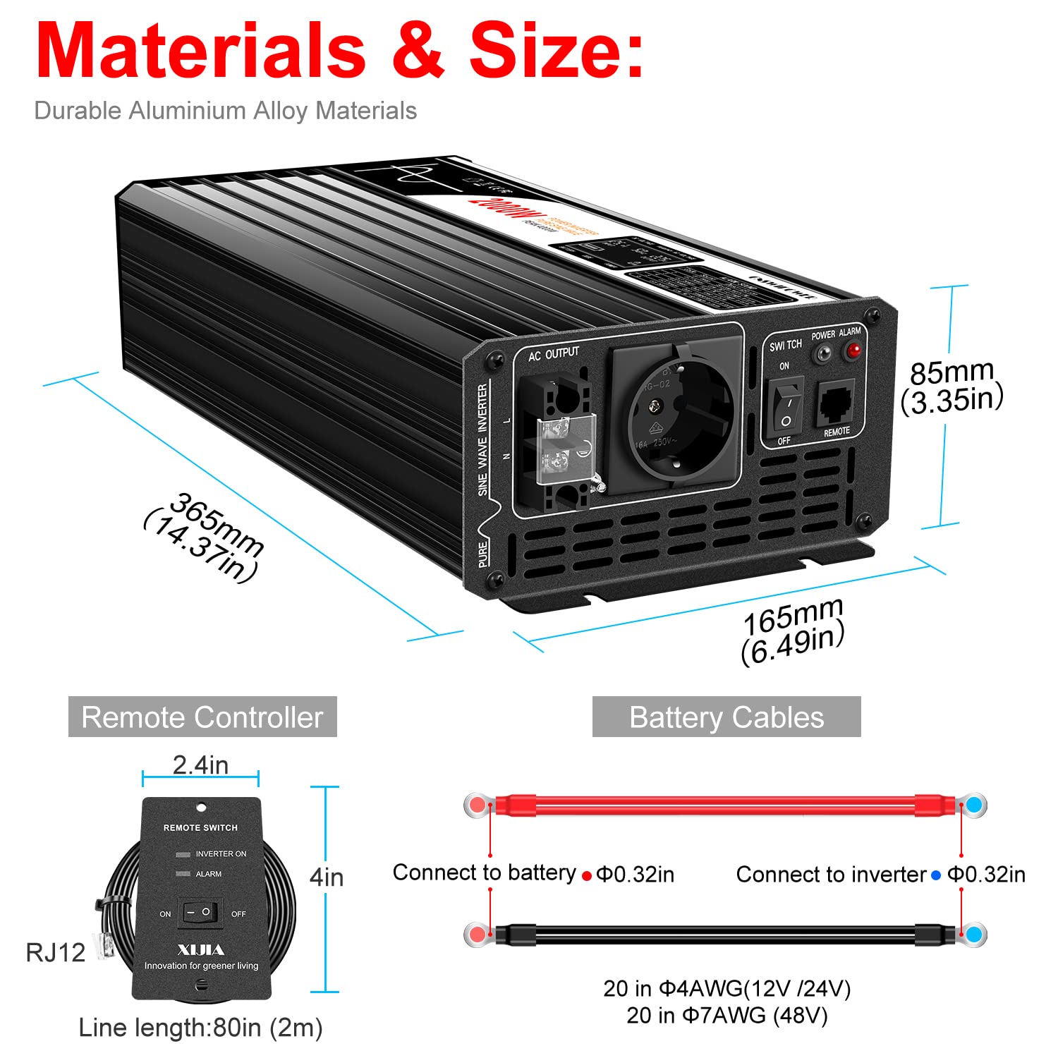 Wechselrichter 2000W Reiner Sinus, Spannungswandler 48V auf 230V AC, PV Solar Wechselrichter für Heimspeicher, Hybrid Photovoltaik Inselanlage, Inverter für Balkonkraftwerk Speicher