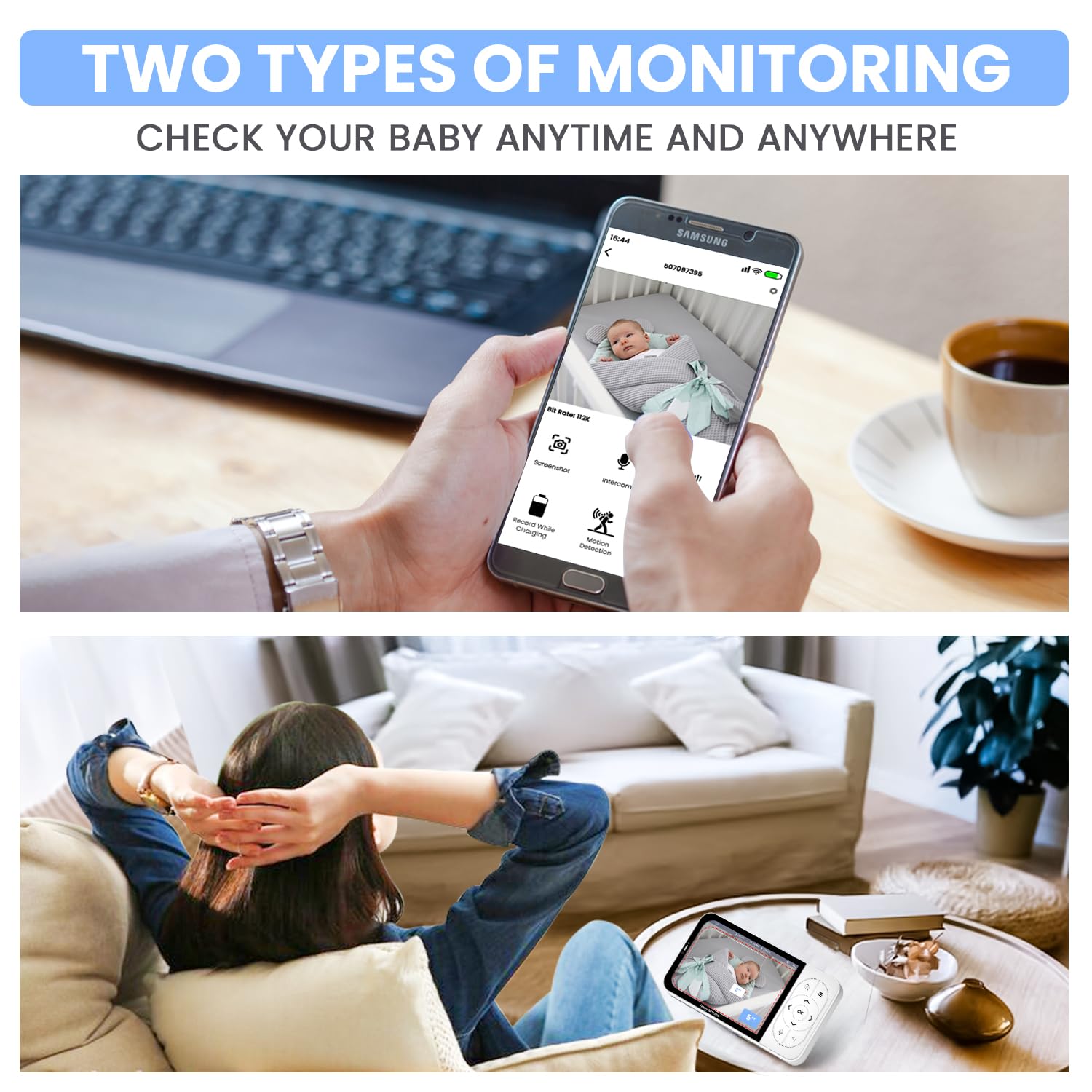 RFAQK Baby Monitor con WiFi - Videocamera 2K con schermo HD da 5 pollici, visione notturna, modalità VOX 24 ore, sensore di temperatura pianto e rilevamento movimento, monitoraggio automatico PTZ