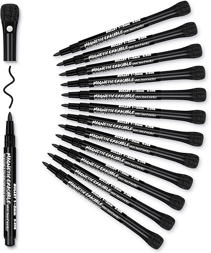 Marcadores magnéticos de borrado en seco punta fina negra 12 marcadores de borrado en seco de pizarra blanca con tapa de borrador, marcadores de