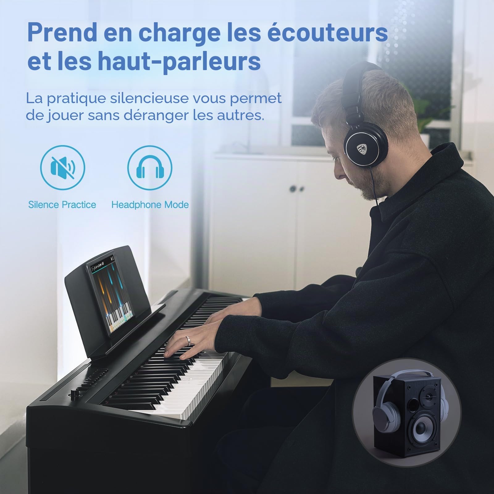 TERENCE Piano Numérique 88 Touches Clavier Graded-Hammer 50W Haut-parleurs HiFi Doubles Enregistrement Vidéo Mobile Bluetooth MIDI Prise en Charge des Casques et des Haut-parleurs
