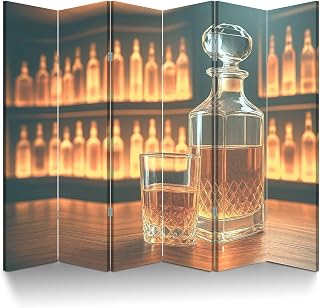 6 Panel Room Divider Screen Whiskey Brandy Alcoholic Beverages Transparent Elegant Glass Alcohol Folding Privacy Screen Canvas Wall Divider Wood Room Separator Portable Freestanding Partition 6Ft
