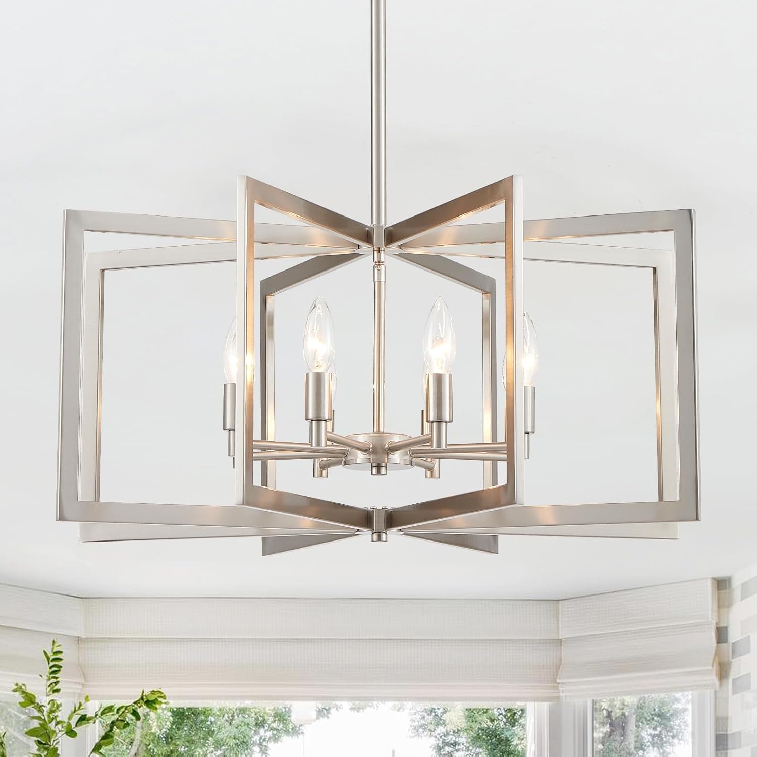 Brushed Nickel Chandelier 26 Inch Modern Geometric 8-Light Large Metal Dining Room Pendant Lighting Fixture for Kitchen Island Living Room Entryway Hallway Bedroom 8 Light-Brushed Nickel