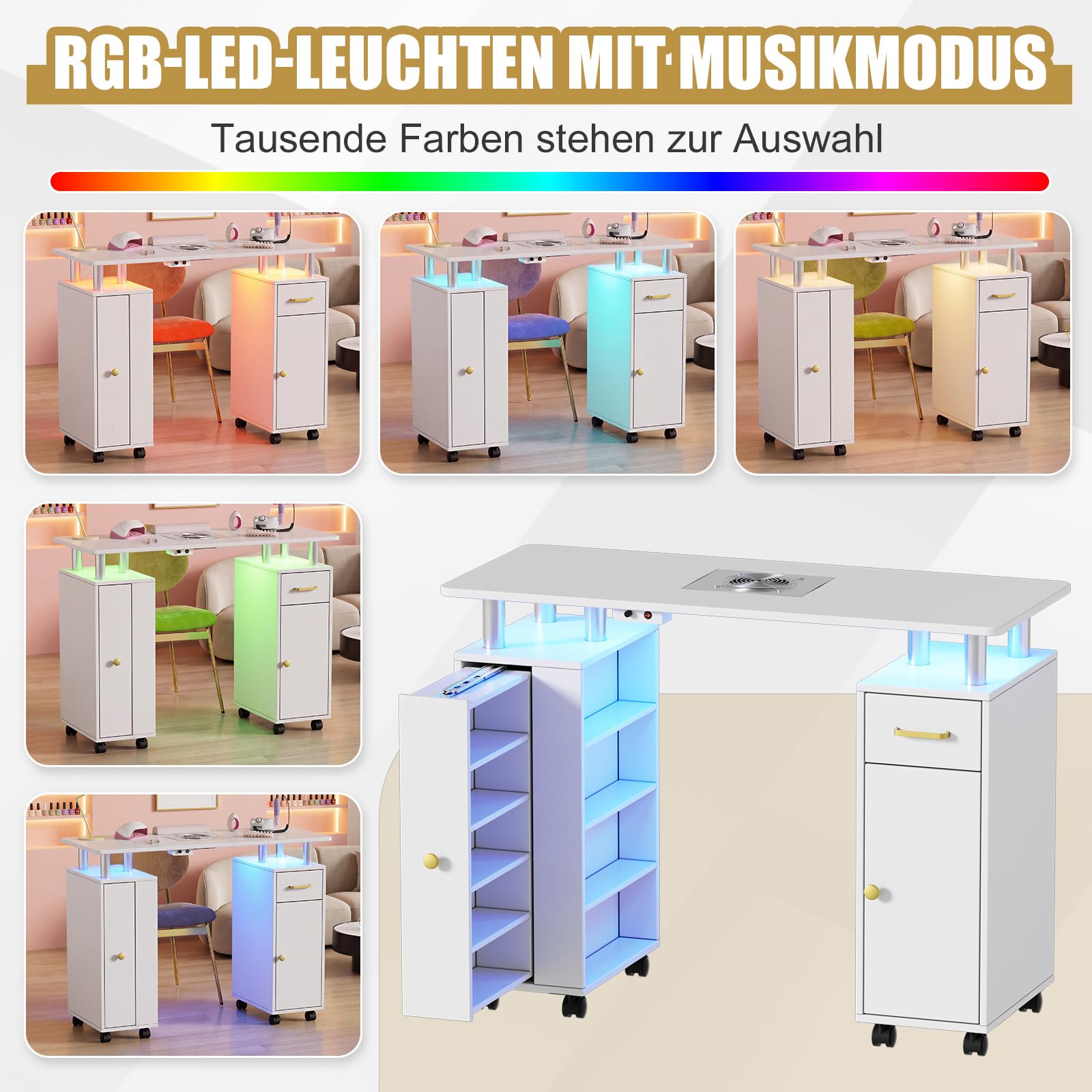 Mesa de uñas con extracción de polvo, mesa de manicura profesional para diseño de uñas, mesa estable con luces LED, 1 armario vertical y estante abierto, 2 bolsas de aspiradora