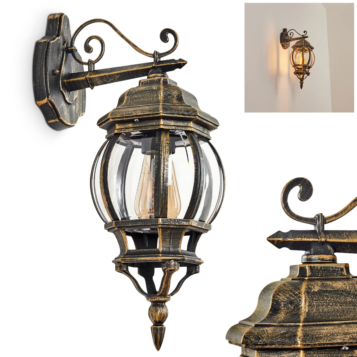 Hofstein Brown, Gold / Clear Outdoor Wall Lamp Lentua, Wall Lamp Downwards In Antique Look, Metal/Glass In Brown/Gold/Clear, Wall Light With E27 Socket, Retro/Vintage Outdoor Lamp For Terrace/Courtyard, Ip44, Without Bulb