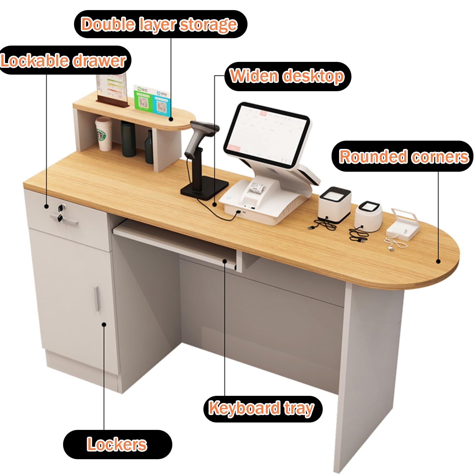 Empfangstheke, Empfangstresen mit abschließbaren Schubladen, platzsparende Kassentheke, Rezeptionstheke for das Homeoffice und das Büro(Gray,140cm/55.1in)