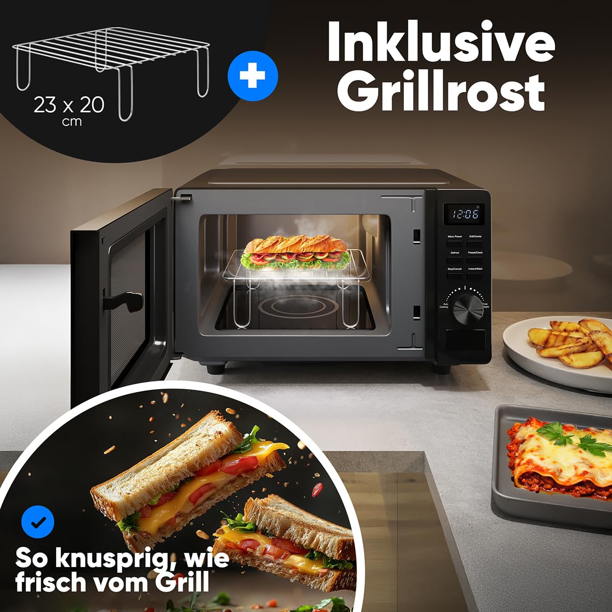 ProfiCook Mikrowelle mit Grill 20L | Mikrowelle ohne Drehteller für gleichmäßige Wärmeverteilung | Mikrowelle schwarz mit Timer und Auftaufunktion | inkl. Grillrost: 23 x 20cm,1150W | PC MWG 1278