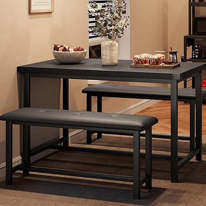 IDEALHOUSE Dining Table Set for 4, Kitchen Table with Upholstered Bench, 3 Piece Rectangular Dining Room Table Set with 2 Benches, for Small Space, Apartment, Studio, Home, Retro Black