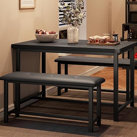 IDEALHOUSE Dining Table Set for 4, Kitchen Table with Upholstered Bench, 3 Piece Rectangular Dining Room Table Set with 2 Benches, for Small Space, Apartment, Studio, Home, Retro Black