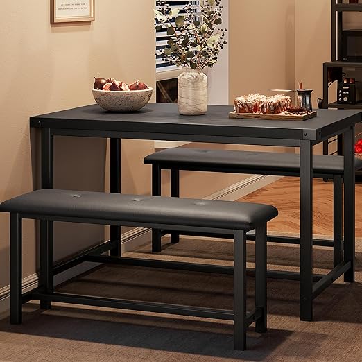IDEALHOUSE Dining Table Set for 4, Kitchen Table with Upholstered Bench, 3 Piece Rectangular Dining Room Table Set with 2 Benches, for Small Space, Apartment, Studio, Home, Retro Black