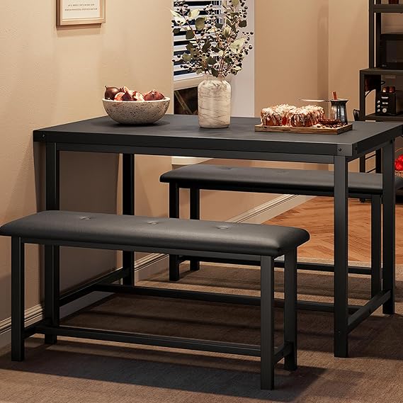 IDEALHOUSE Dining Table Set for 4, Kitchen Table with Upholstered Bench, 3 Piece Rectangular Dining Room Table Set with 2 Benches, for Small Space, Apartment, Studio, Home, Retro Black