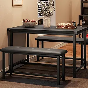 IDEALHOUSE Dining Table Set for 4, Kitchen Table with Upholstered Bench, 3 Piece Rectangular Dining Room Table Set with 2 Benches, for Small Space, Apartment, Studio, Home, Retro Black