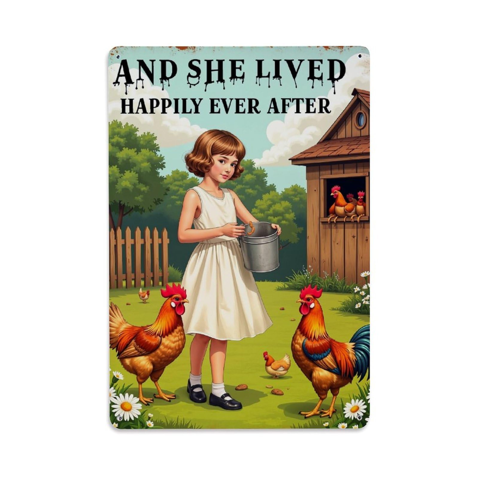 Jdyaojiesheng Girls Vintage Chicken Farm Bucket Garden Tin Sign Retro Metal Wall Decor Metal Poster, Home Bar Garage Farmhouse Cafe Wall Art Decoration 8X12inches