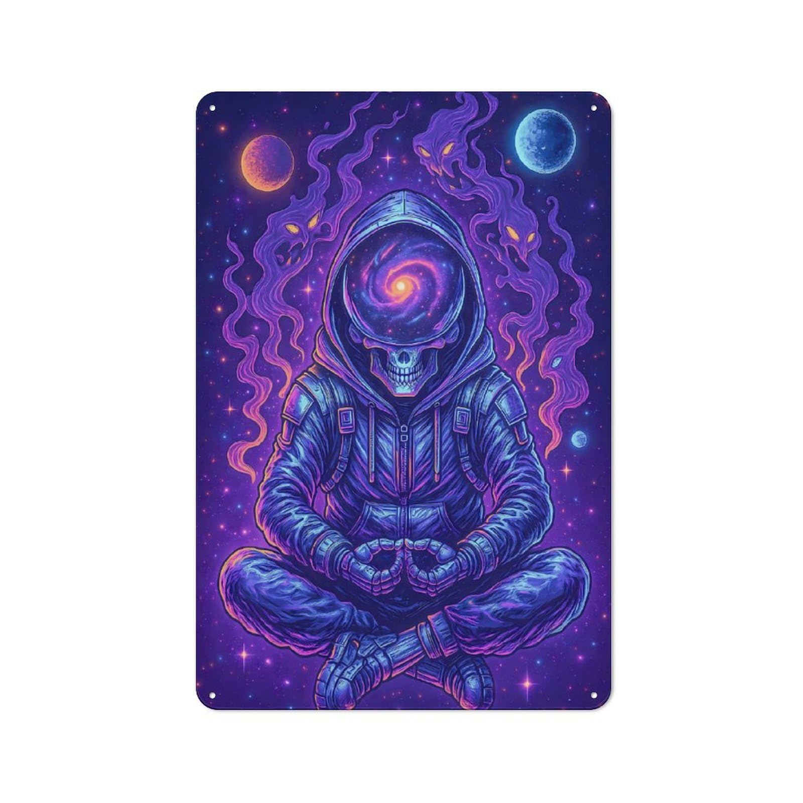 Junmoney Style-13 Tin Wall Plaque 30X20cm With Cosmic Skeleton Meditating In Space For Hallway Wall, A Decorative Metal Sign For Hallways And Entrance Areas