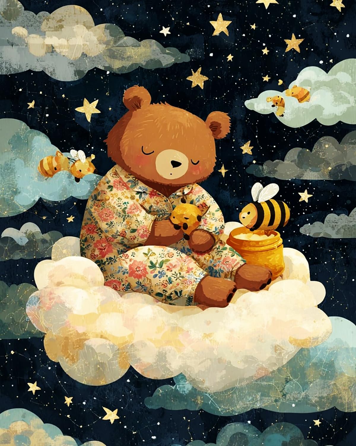 Liubaishi Multicolour Paint By Numbers Kit For Adults, Sleeping Bear With Bees On Cloud Theme, 40X50 Cm, Acrylic On Canvas