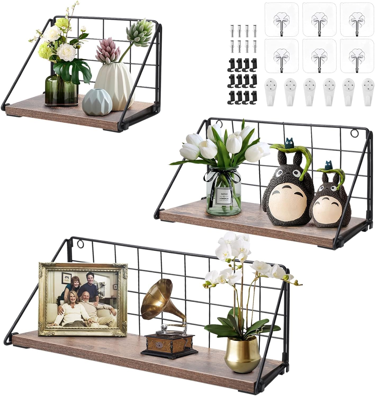 Étagère murale flottante métal noire pour bureau et chambre ou rangement de cuisine rustique