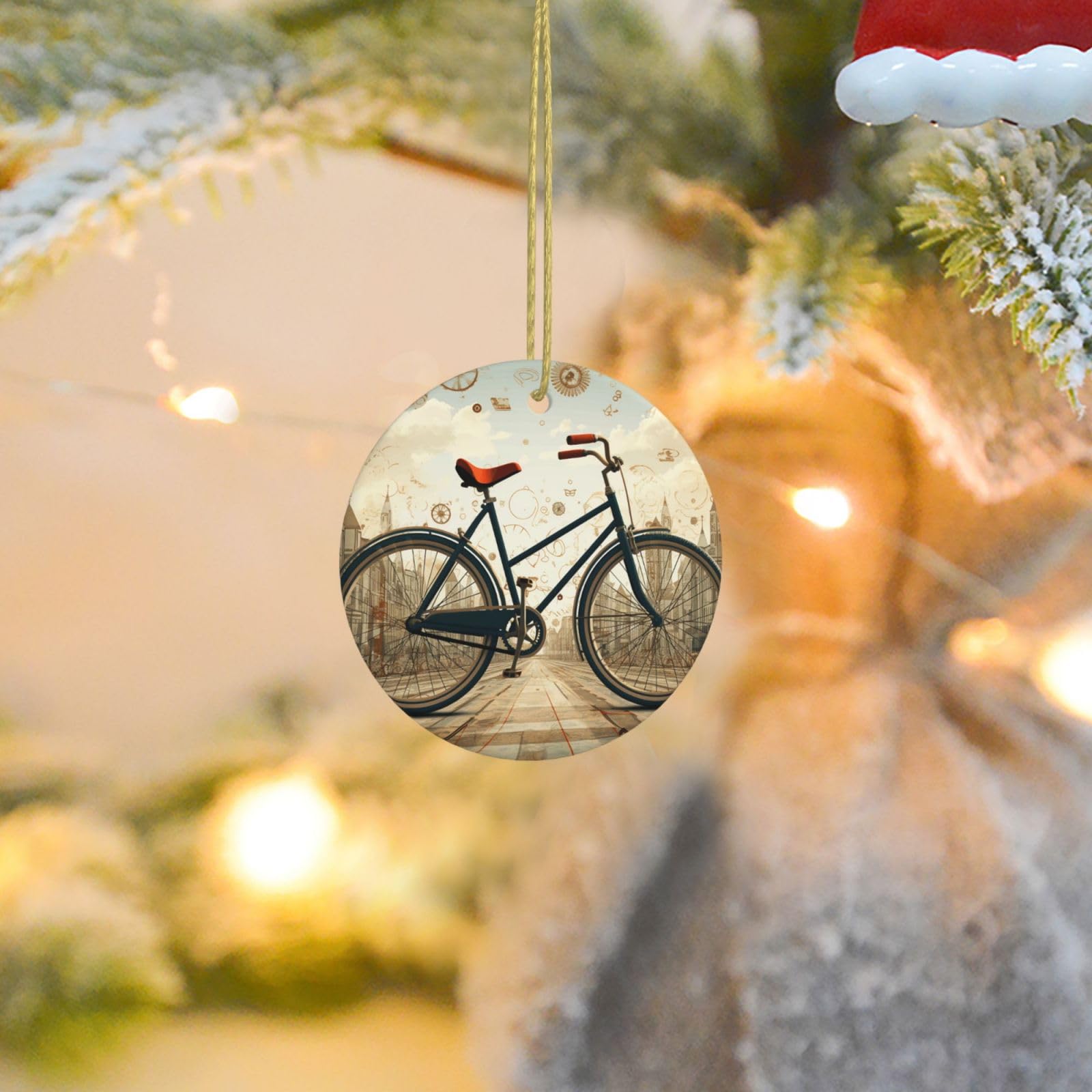 Christmas Ornaments for Christmas Tree Decoration Ceramic Hanging Retro Bicycle Ornament with Gold Ribbon Crafts Round Pendant for Keepsake Gifts Glass Xmas Decor Party Supplies