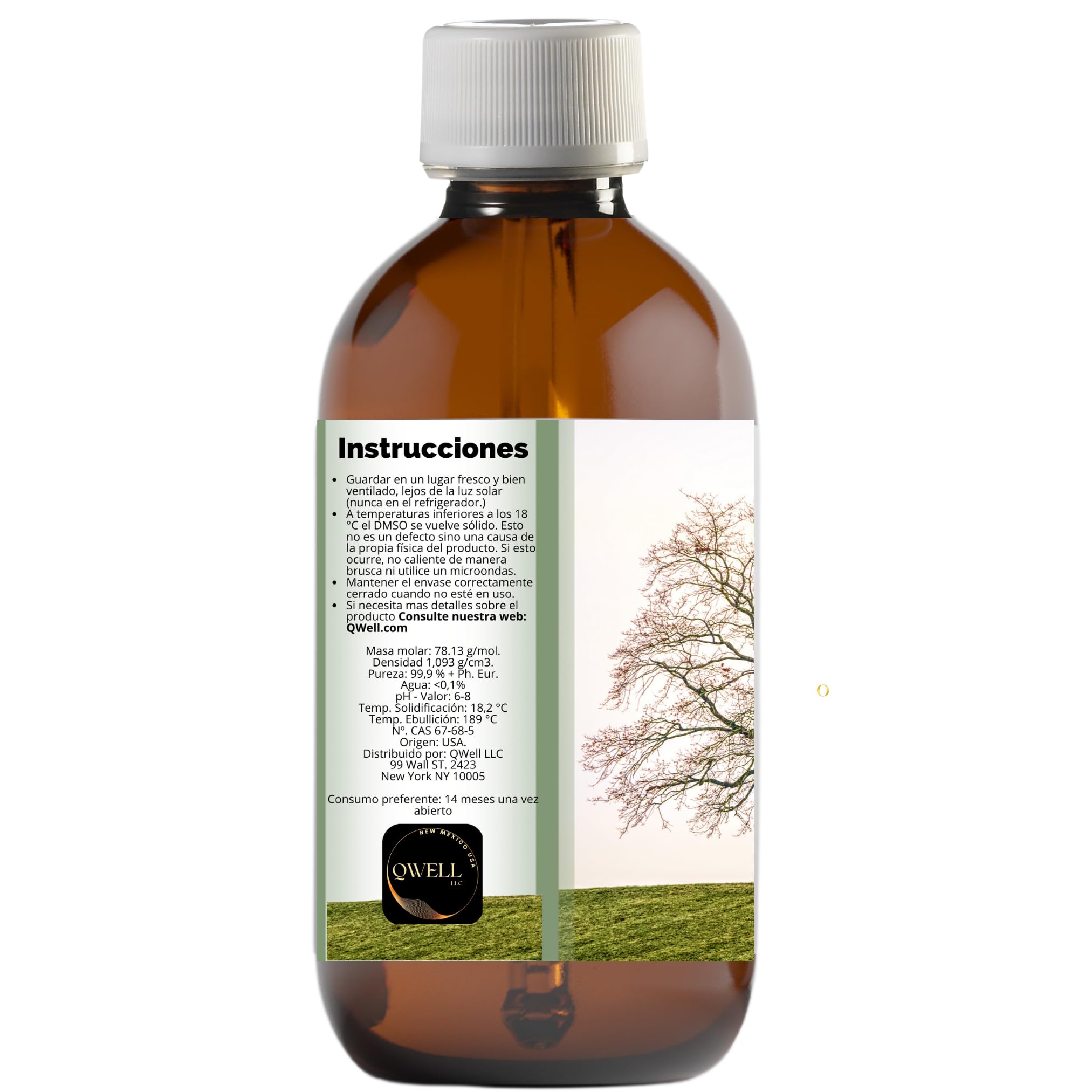 Titel: DMSO QWell® 250 ml, 99,9% zuiverheid, dimethylsulfoxide Ph EUR, in barnsteenglas, met veiligheidssluiting, druppelaar en geschenkdoseerbeker