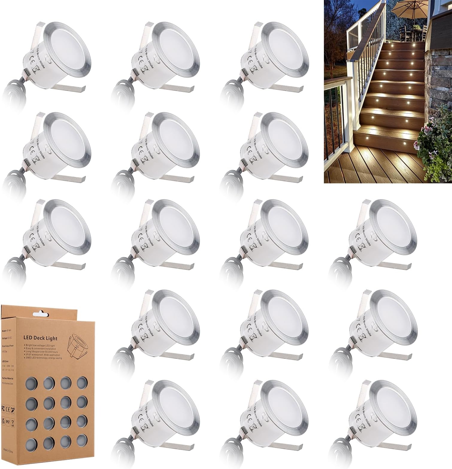Recessed LED Deck Light Kits 16 Pack, IP67 Waterproof Outdoor Landscape In-ground Lighting, 12V Low Voltage Deck Lighting for Garden,Yard,Patio,Step,Stair,Floor Decoration.
