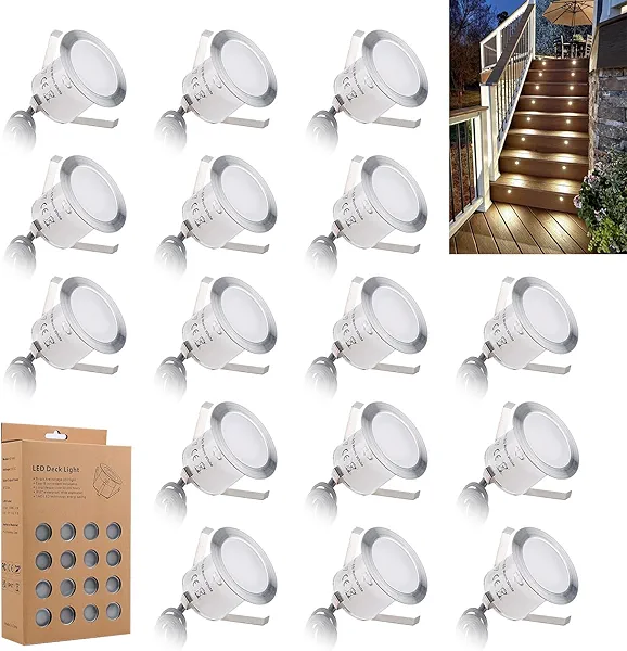 JUABREY Recessed LED Deck Light Kits 16 Pack, IP67 Waterproof Outdoor Landscape In-ground Lighting, 12V Low Voltage Deck Lighting for Garden,Yard,Patio,Step,Stair,Floor Decoration.