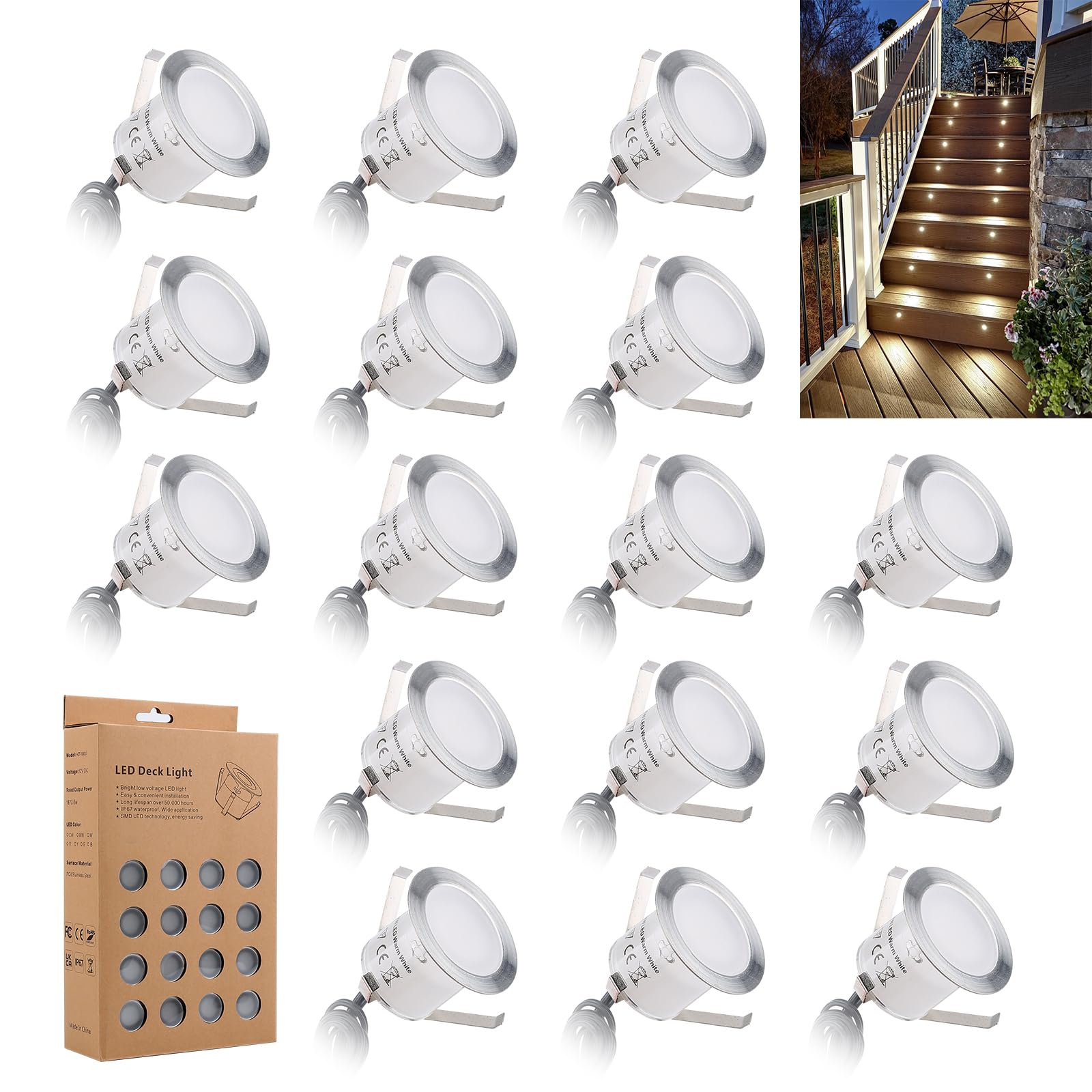 Recessed LED Deck Light Kits 16 Pack, IP67 Waterproof Outdoor Landscape In-ground Lighting, 12V Low Voltage Deck Lighting for Garden,Yard,Patio,Step,Stair,Floor Decoration.