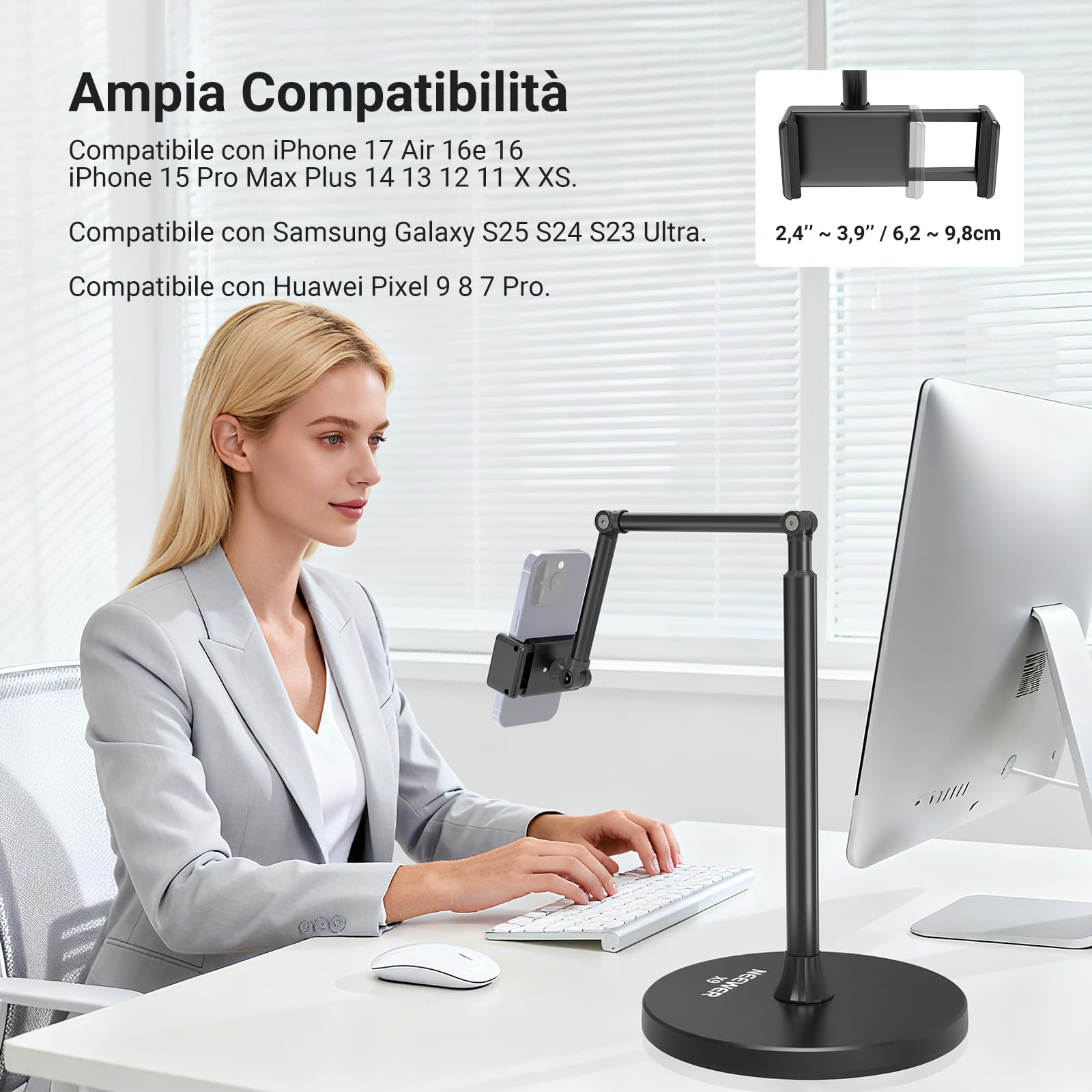 NEEWER ENTRY LEVEL VERSION Supporto per Telefono da Pavimento, Porta Cellulare Regolabile da Comodino Tavolo Ufficio, Phone Holder Compatibile con iPhone Samsung Android per Video, Base in Metallo, X9