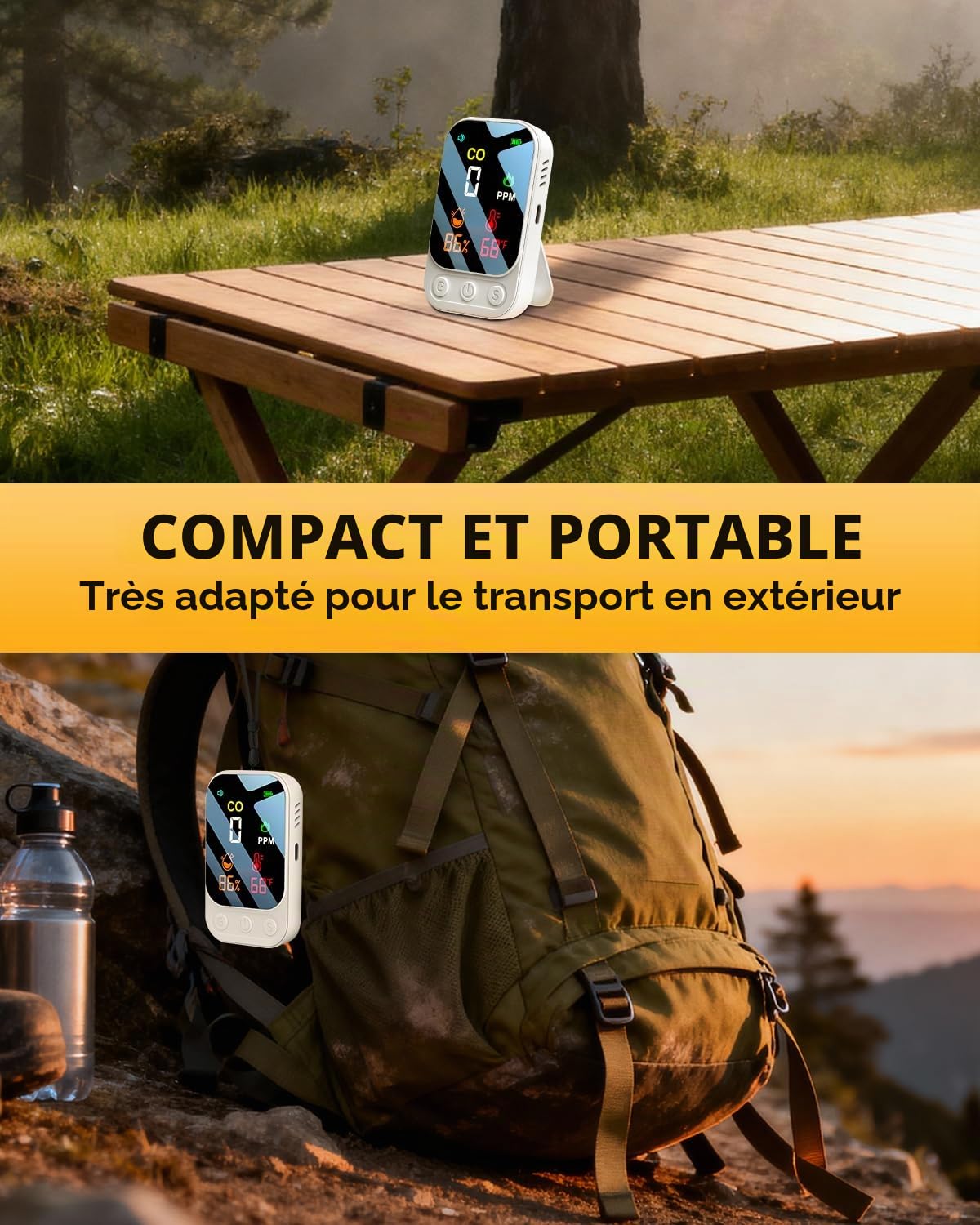 3 en 1 Detecteur Monoxyde Carbone Détecteur de Monoxyde de Carbone Portable Alarme de CO Rechargeable avec Température Humidité Alarme Sonore et Visuelle pour Maison Voyages Caravane