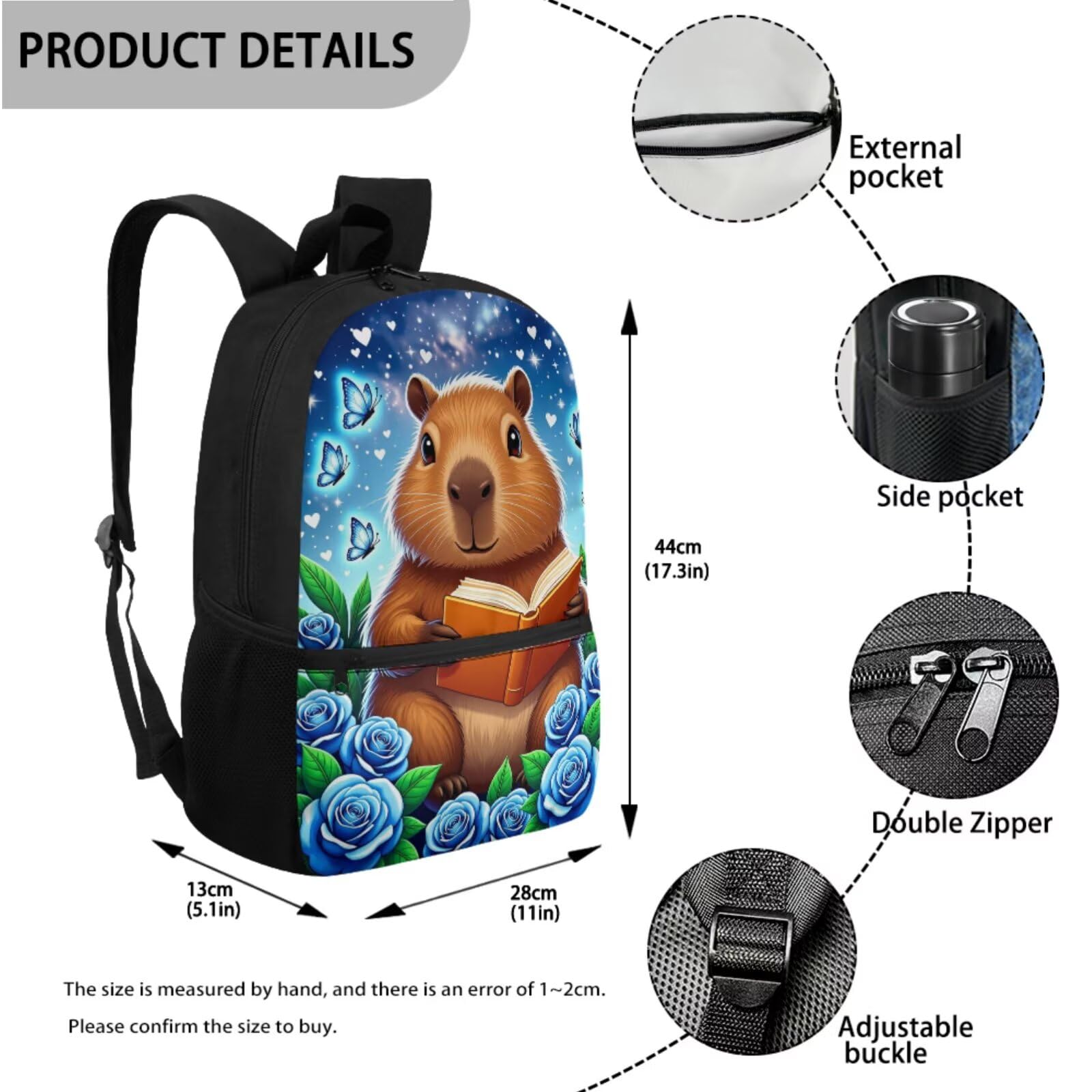 3-in-1-Rucksack für Kinder, Jungen, Schultaschen-Set mit isolierten Lunch-Taschen, Stifthalter, Schultaschen-Sets, Süße Capybara-Rose, One Size, Schulranzen-Set