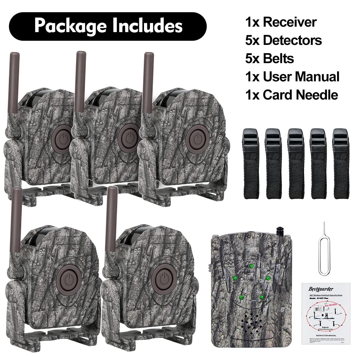 Alarme sans Fil Sécurité Infrarouge IR PIR Capteur Détecteur de Mouvement 360° IP66, Détecteur de Movement de Jusqu’à 300m à la Chasse/Camping pour Sécurité Extérieur - 1 Récepteur & 5 Capteur
