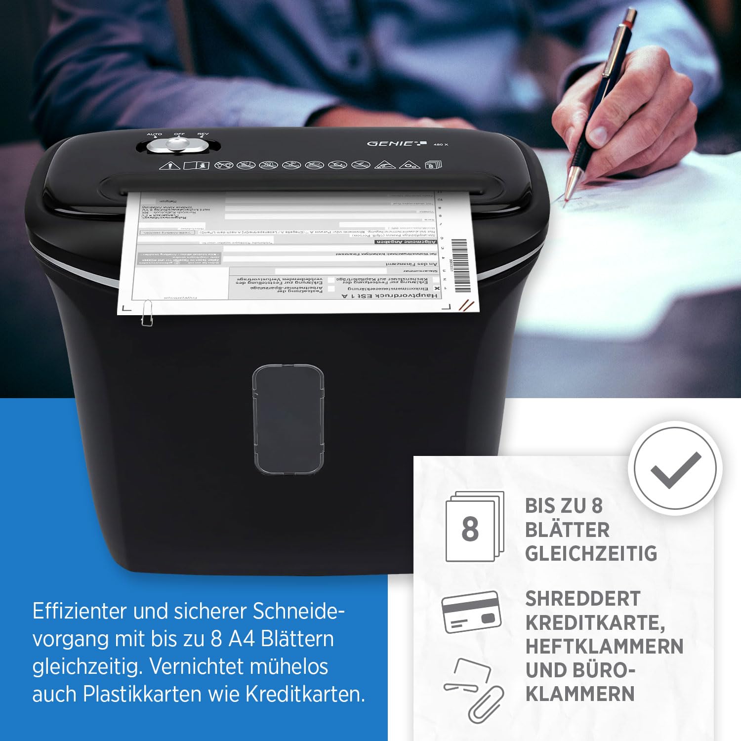 Genie Trituradora de papel 480X, 8 hojas, corte en partículas, nivel de seguridad P-4, función de arranque y parada automática, papelera de 12 L, protección contra sobrecalentamiento, trituradora de