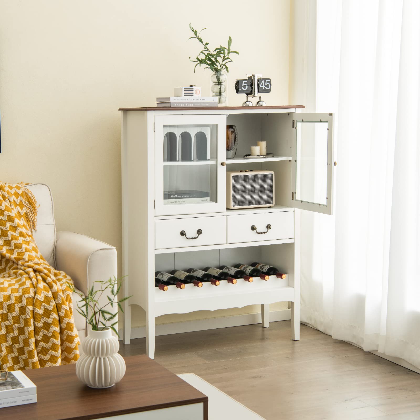 GIANTEX Wine cabinet for 11 bottles, dresser with removable wine rack, industrial coffee sideboard, kitchen cabinet with 2 doors, made of wood living room bedroom