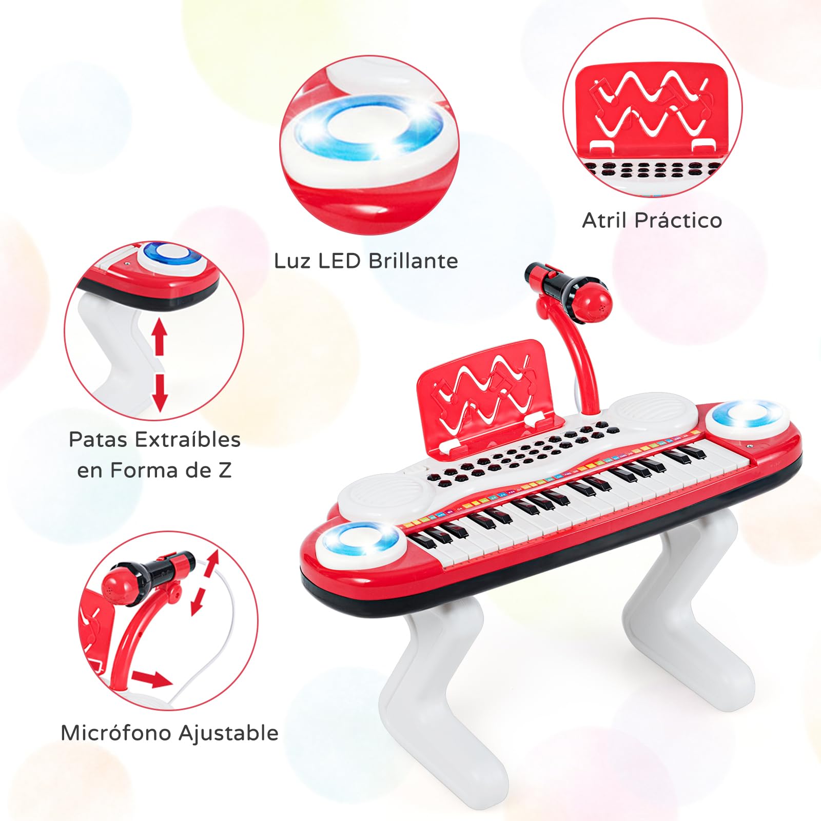 RELAX4LIFE Piano Infantil con 37 Teclas, Luces, Micrófono Ajustable, Grabación y Reproducción, Atril, 8 Estilos, 4 Percusiones, Volumen y Ritmo Regulables, Teclado Piano para Niños de 18+ Meses (Rojo)