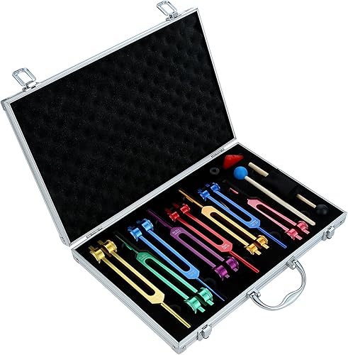 Tenedor de afinación Chakra para curación, 7 chakras y 1 diapasón de solfeo colorido con peso con caja de regalo de aluminio, diapasones de