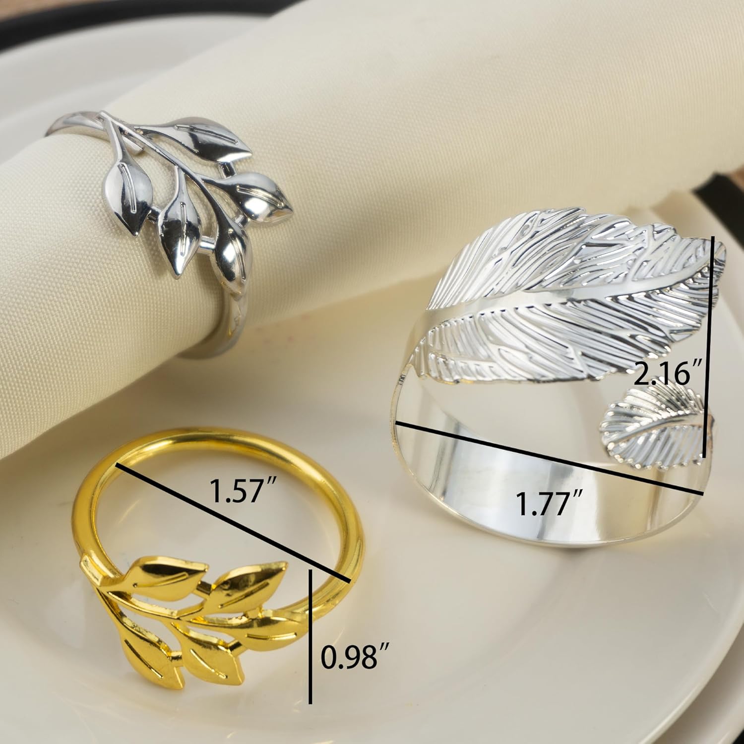 50 Set Leaf Napkin Ring, Silver Napkin Rings Vintage Metal Napkin Adornment Dining Table Ring for Holiday Banquet Wedding Spring Summer Serviette Buckle