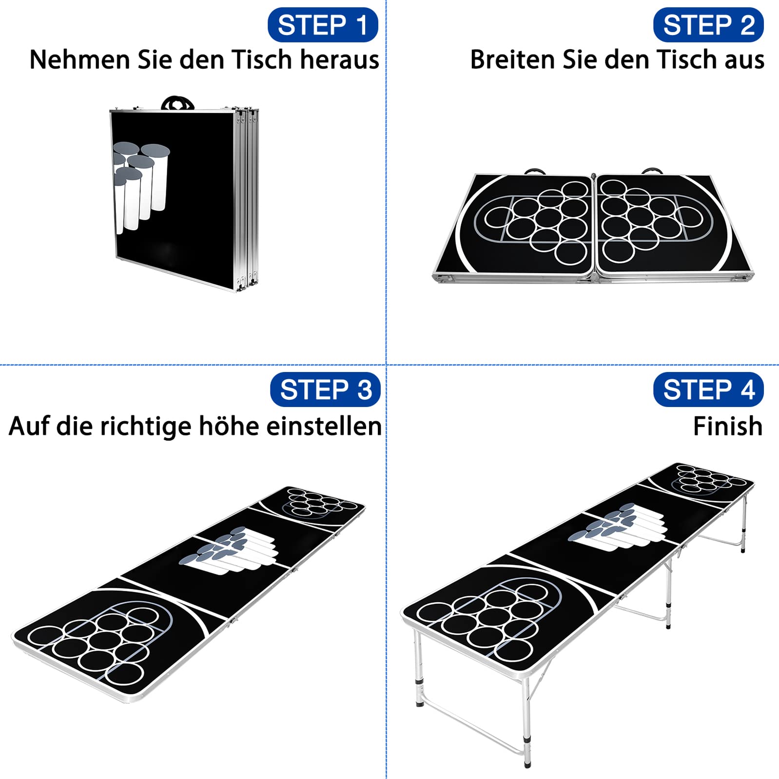 LZQ Stół Beer Pong Beer Pong z regulacją wysokości składane gry imprezowe gry picie wraz z 5 piłkami i 100 kubkami w kolorze czerwonym i niebieskim (po 50 szt.) odporny na zadrapania i wodę