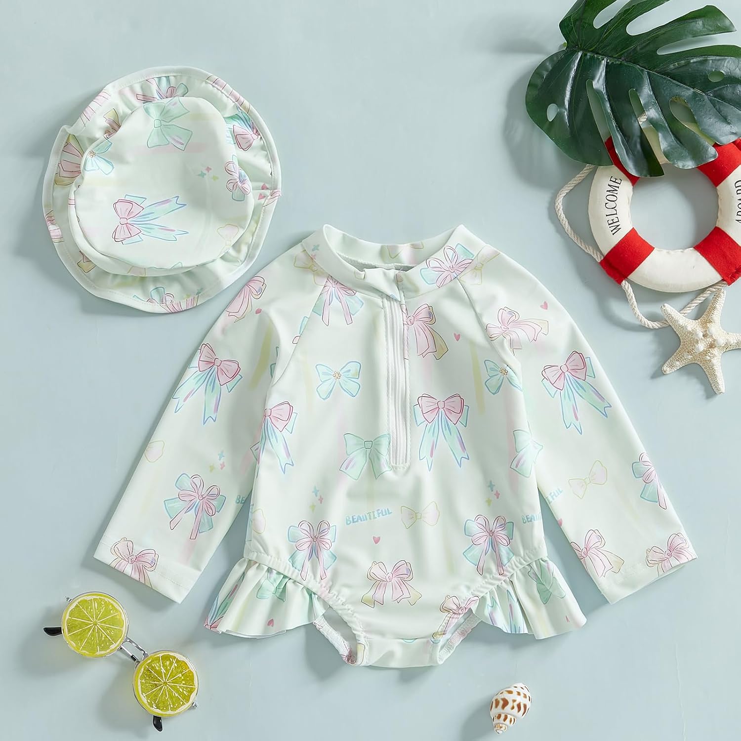 Infant Baby Girl Swimsuit One Piece Long Sleeve Zip Swimwear Bathing Suit Beach Wear