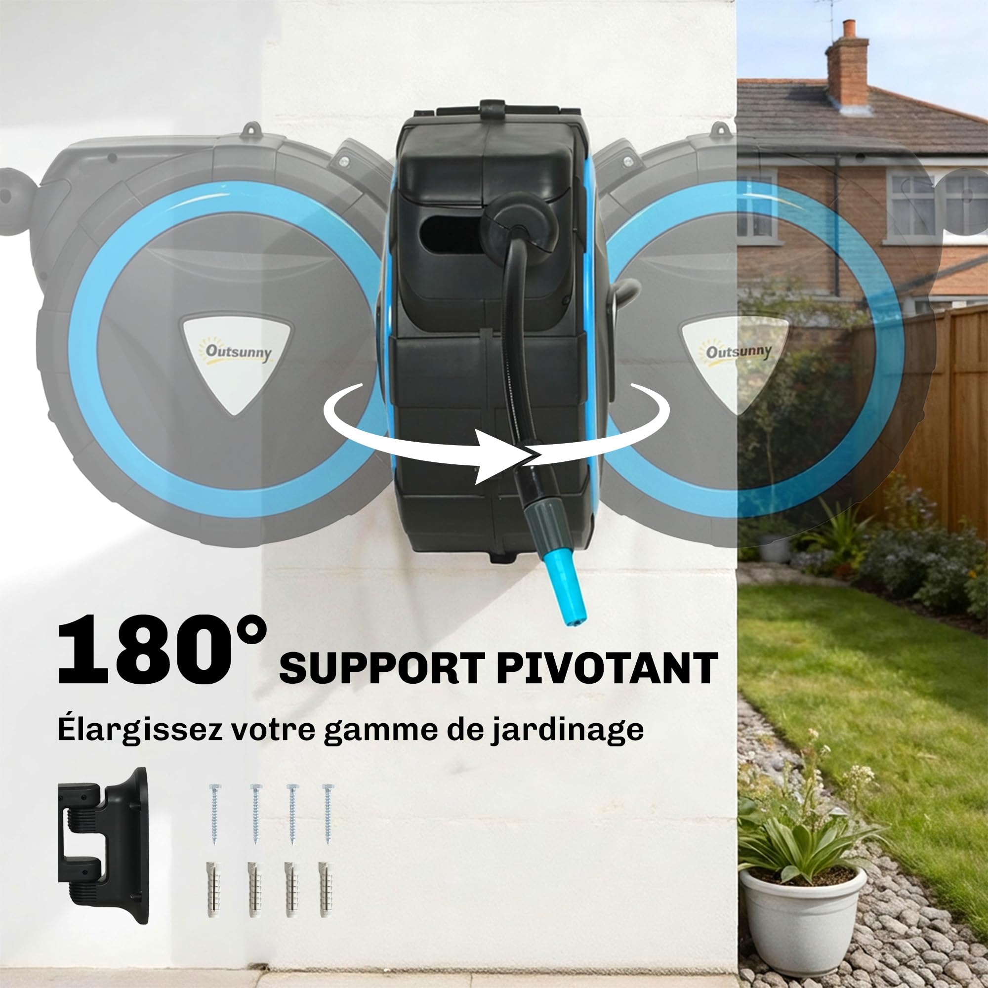 Outsunny Schlauchtrommel für Wandbewässerung, 14 + 1,5 m, 12 Sprühstöße, automatische Schlauchtrommel, einziehbar, automatisch, 180° drehbar, mit Schloss und Adaptern, Blau