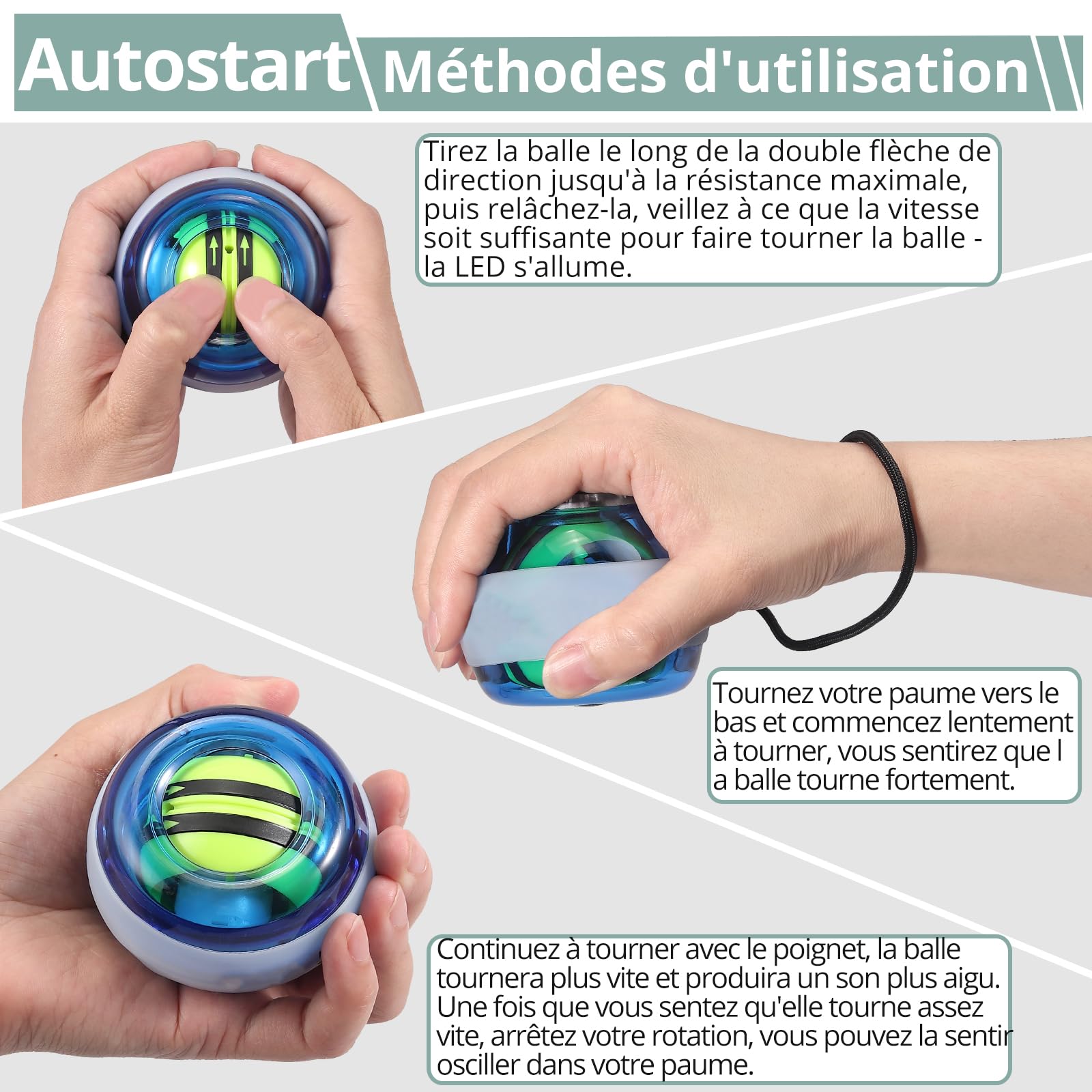 COLFULINE Balle de Poignet de Puissance Exercices de Poignet à Démarrage Automatique Balle de Force Boule de Gyroscope Exerciseur de Poignet et d'avant-Bras
