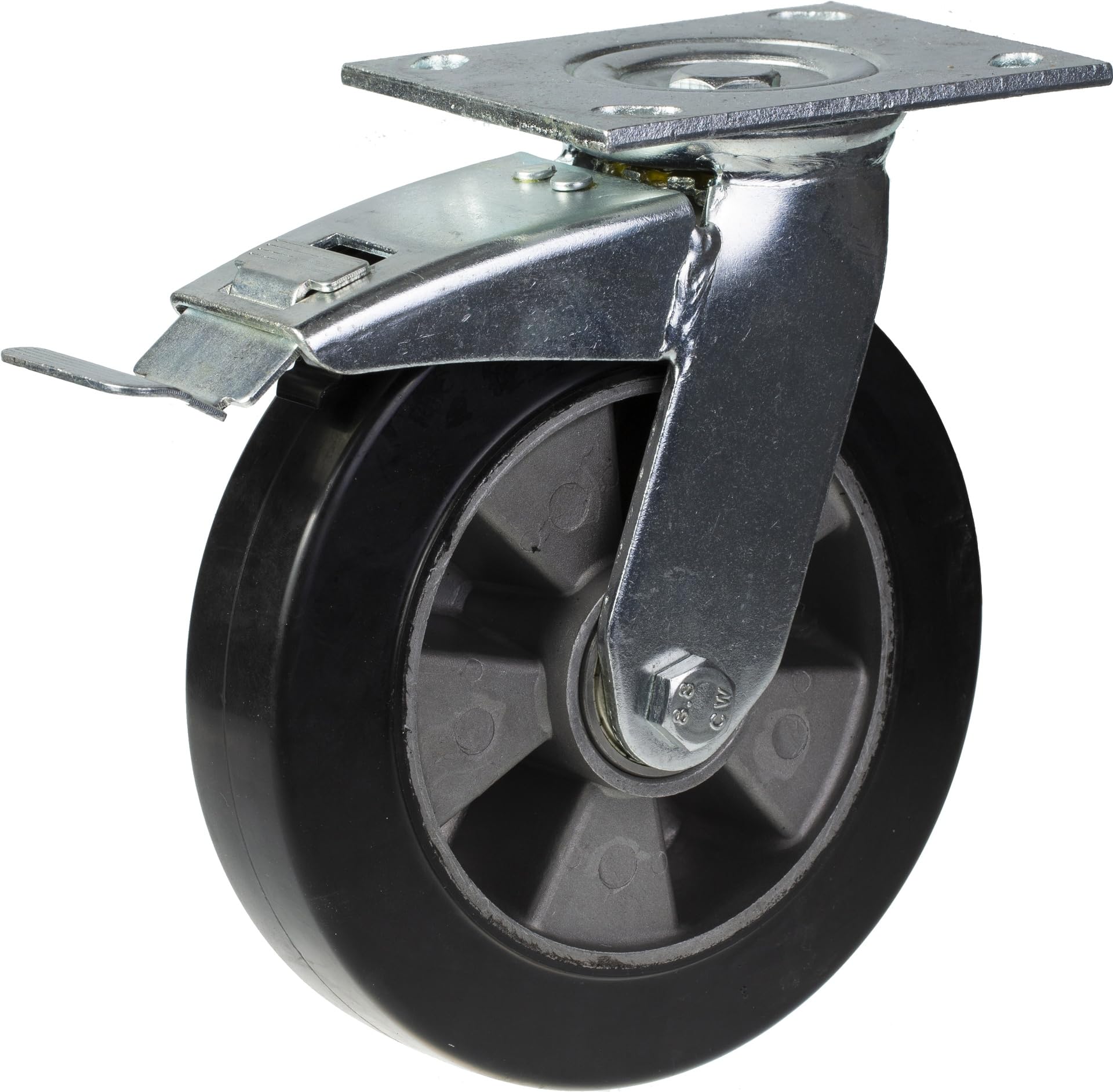 Roulettes de 200 mm (8") en caoutchouc noir, avec frein et roue fixe, capacité de charge élevée de 1 800 kg, lot de 4