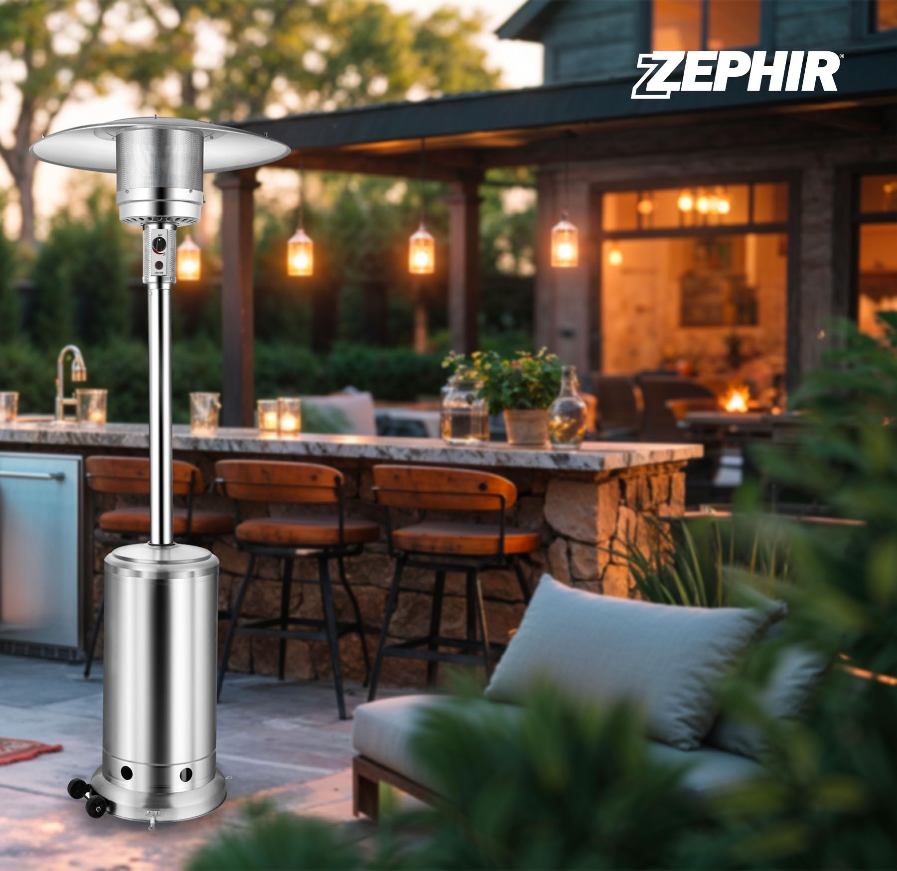 Zephir Stufa da esterno a gas GPL Argento Potenza max 13kW Consumo max 870 g/h Sistema di Sicurezza Capacità bombola 15kg (non inclusa) Con ruote Ideale per superfici di 20-25 m