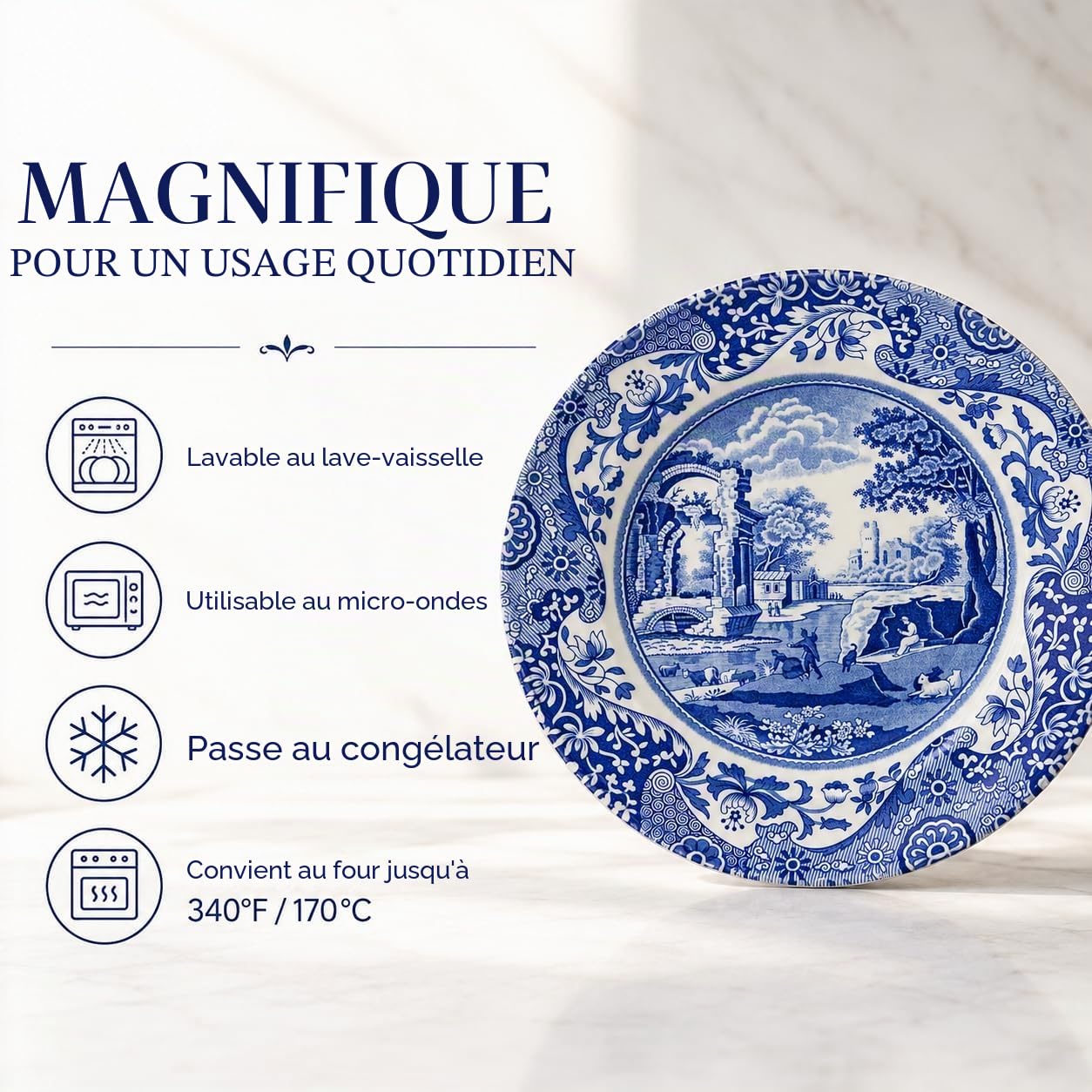 Spode Lot de 4 assiettes à salade italiennes bleues, 19 cm, faïence fine, fabriquées en Angleterre, passent au lave-vaisselle (bleu/blanc, 20,3 cm)