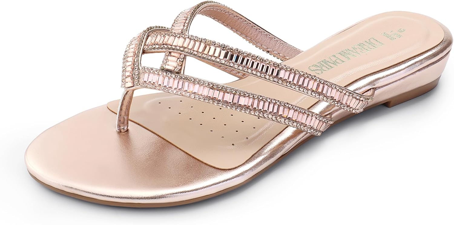 DREAM PAIRS Women's Fashion Rhinestones Design Slides Sandals Dress Daily Flat Sandals for Summer