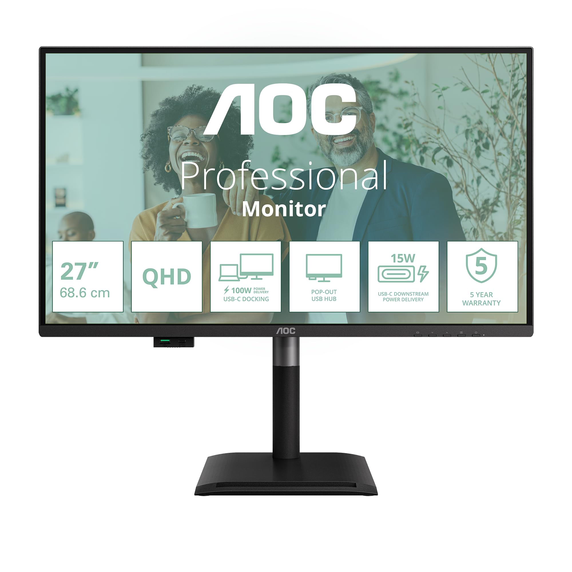 AOC Q27P4CV Monitor 27 Pulgadas 120Hz Panel IPS, 4ms GtG, HDR Mode, Adaptive Sync, Altavoces, Altura Ajustable, (2560x1440 HDMI 1x 2.1 TMDS DP 1x 1.4 USB Hub) Negro