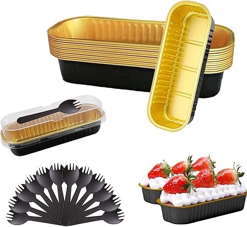 MJPCUAU Paquete de 12 mini moldes para pan con tapas y cucharas, recipiente rectangular desechable de papel de aluminio para horno, moldes de postre