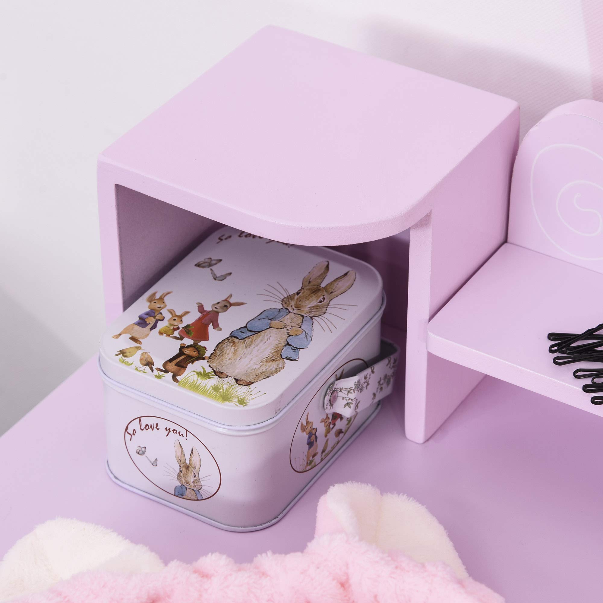 HOMCOM Tocador Infantil con Taburete y Espejo Tipo Princesa Mesita de Maquillaje de Madera Rosa Juguete para Niñas 60x34x93 cm