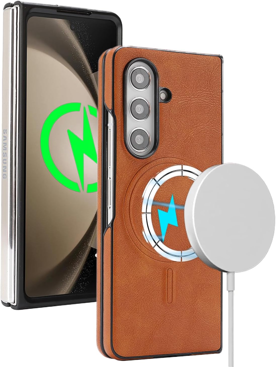 Magnetic for Samsung Galaxy Z Fold 7 case,Support Wireless Charging, Premium PU Leather & Shockproof,Protective Cover for Samsung Galaxy Fold7 (Brown)