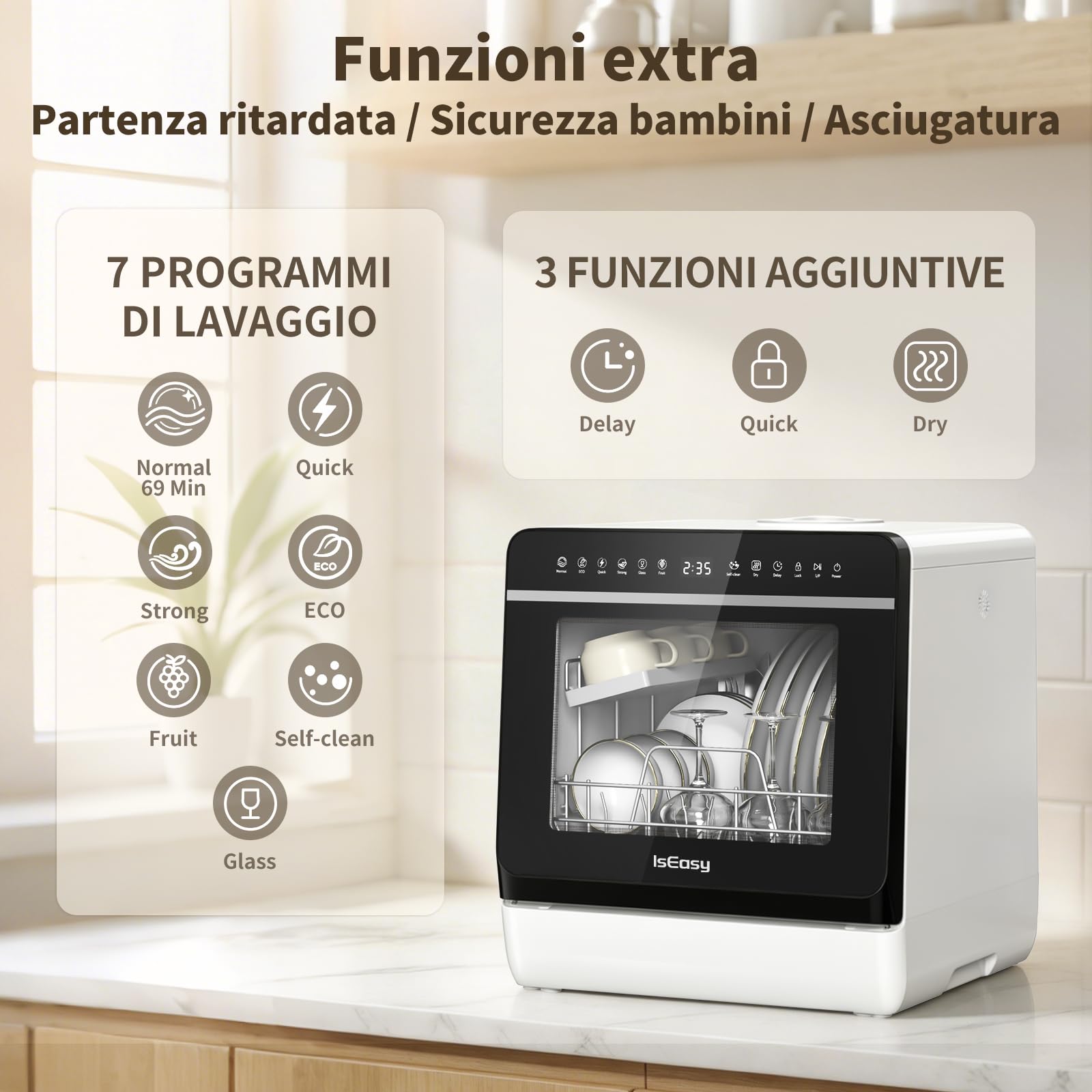 Mini Lavastoviglie da Tavolo, con Funzione di Addolcimento Dell'acqua, Lavastoviglie portatile da 5L, 7+3 Programmi, Touch Control e Display LED, Ideale per Cucine, Apt e Dormitori